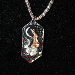 Hand Enameled Bunny with Red Roses Necklace